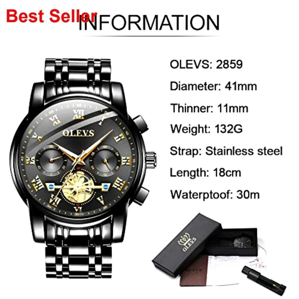 Stainless Steel Waterproof Chronograph Watch with Luminous Hands